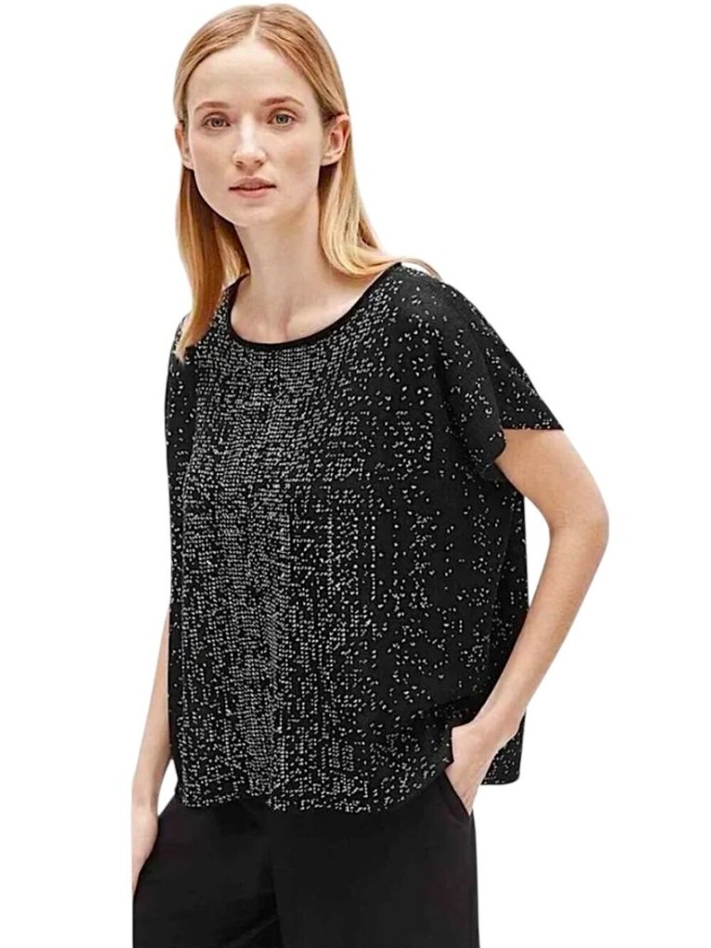 EILEEN FISHER Oversized Bateau Neck Knit Sweater Top Size L Black White